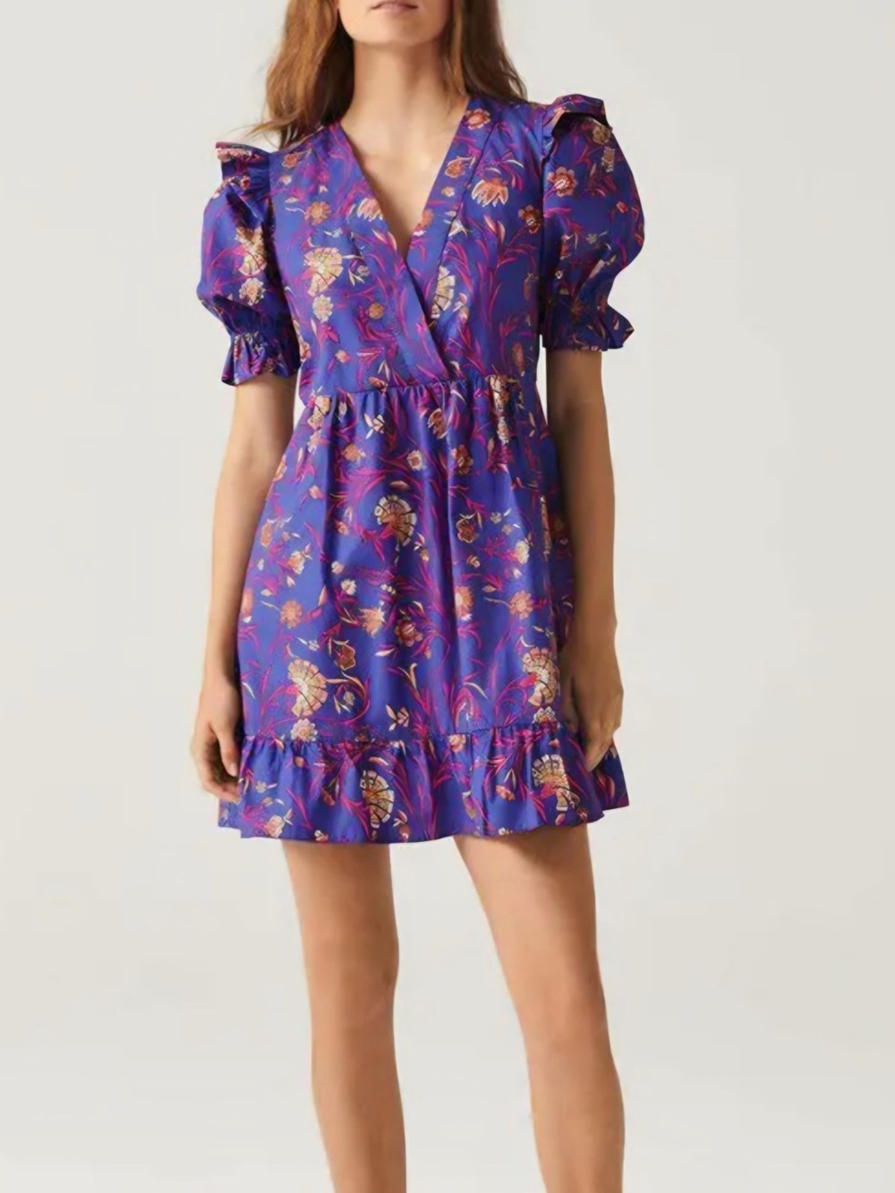ba&sh Purple Floral Wrap Mini Dress with Puff Sleeves